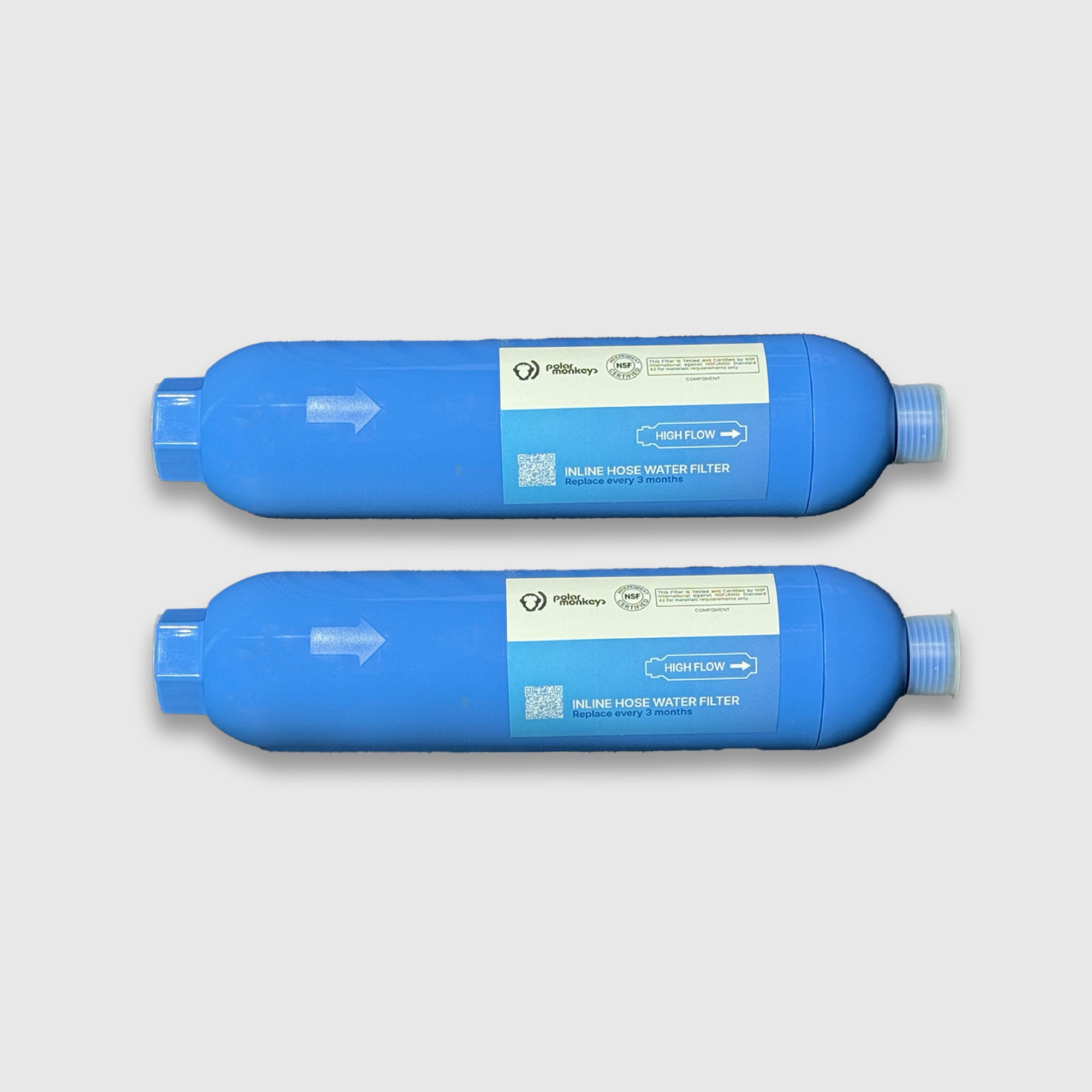 Two Hose Water Filter - 2 Pack units are shown side by side on a light background, each labeled with flow direction arrows and "inline hose water filter," designed to help eliminate heavy metals from your water.