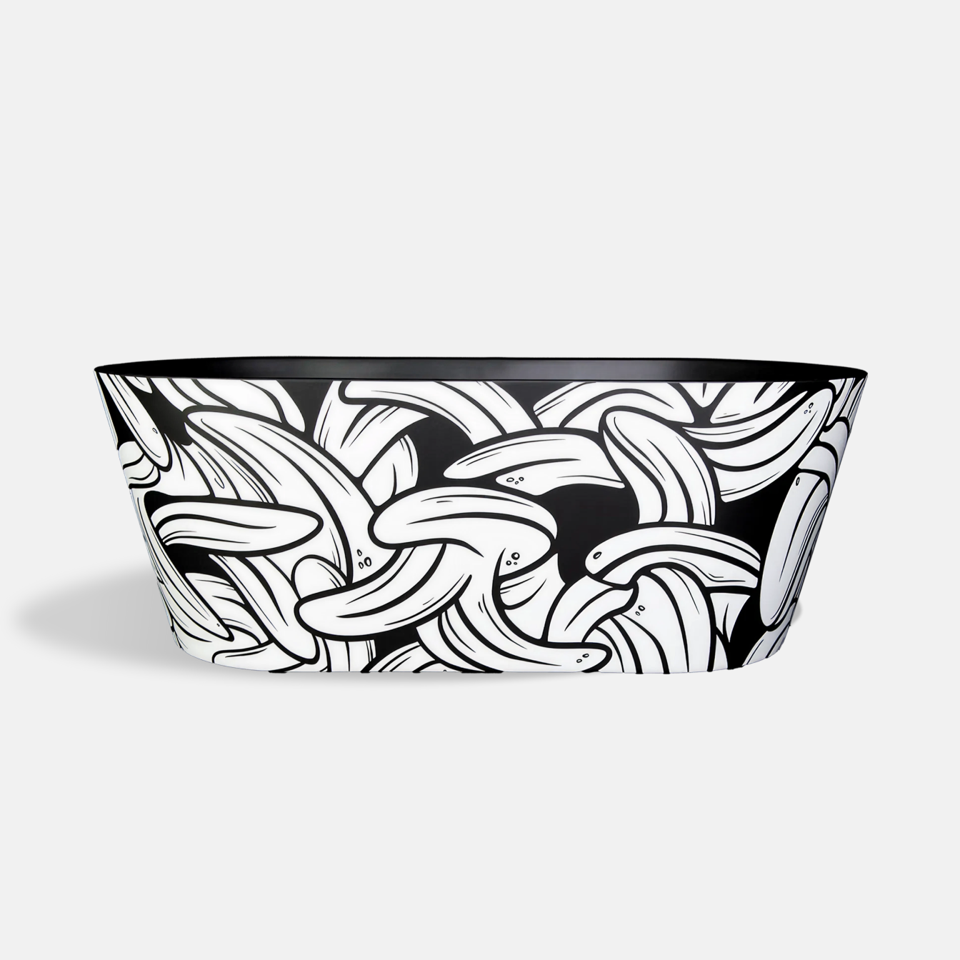 The Brainpod 2.0 Commercial Cold Plunge is a black and white acrylic bathtub featuring a playful, stylized banana pattern on its exterior, displayed against a plain white background.