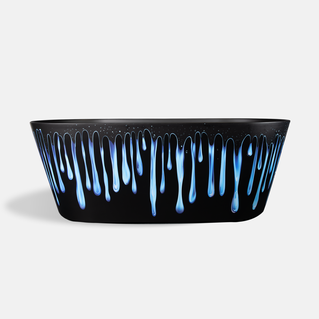 The Brainpod 2.0 Commercial Cold Plunge features a black exterior accented with blue and white elongated drip shapes, recalling cooling system motifs, displayed against a plain white background.