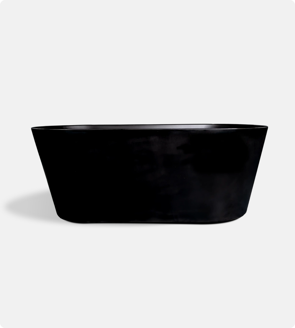 The Brainpod 2.0 Commercial Cold Plunge, a modern black freestanding acrylic tub with a matte finish and straight, subtly flared sides, is shown against a plain white background. Its design is minimalist and sleek.