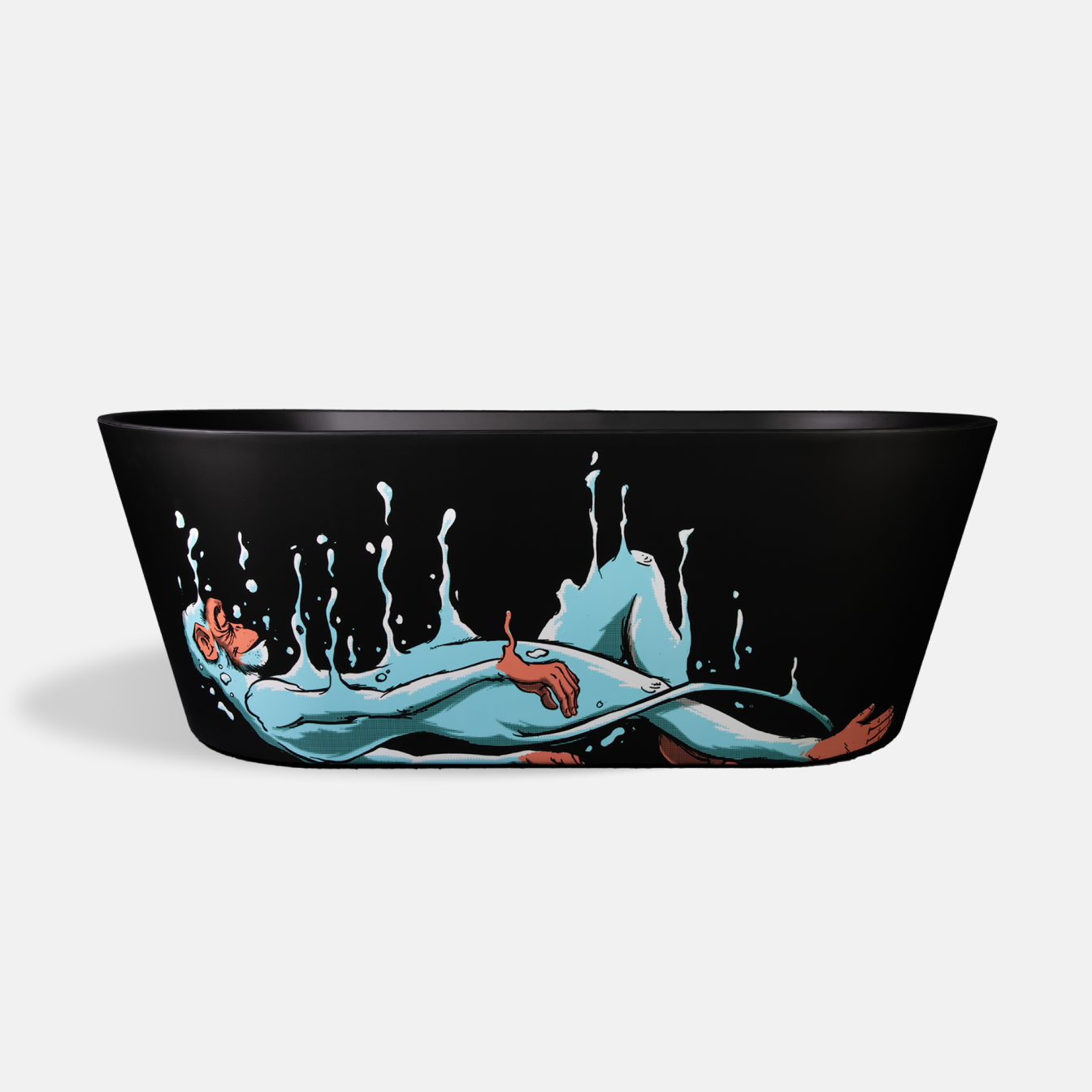 The Brainpod 2.0 Commercial Cold Plunge is a black bathtub with an illustration of a partially submerged person and water splashes painted on its side.