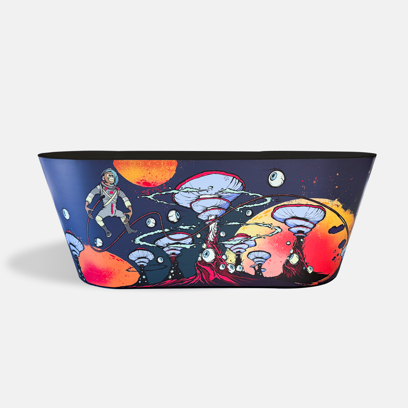 The Brainpod 2.0 Commercial Cold Plunge is a colorful acrylic bathtub showcasing an astronaut floating amid giant surreal mushrooms and eyeballs, with vivid orange and purple planets accenting its cosmic, space-inspired design.