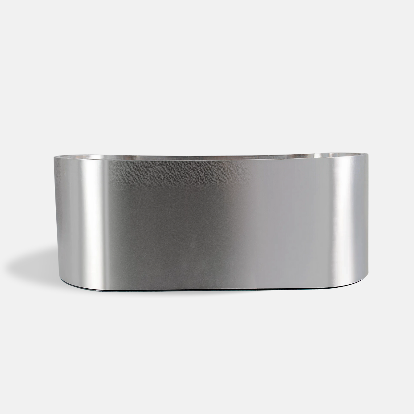 The Cyber Plunge Commercial Cold Plunge is a modern, shiny silver metal bathtub made from marine-grade stainless steel with rounded corners, displayed against a plain light gray background.