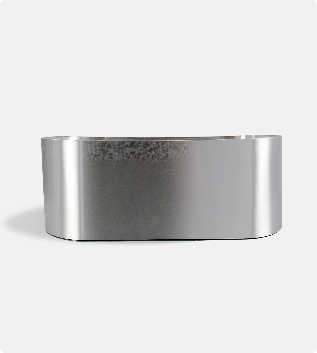 The Cyber Plunge Commercial Cold Plunge is a modern, shiny silver metal bathtub made from marine-grade stainless steel with rounded corners, displayed against a plain light gray background.