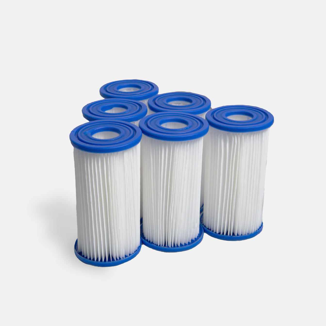 Six Filter Replacement for Residential Standard Systems - 6 Pack, featuring cylindrical white pleated filters with blue end caps, are arranged in two rows on a white background—perfect for cold plunge systems and easy filter changes.
