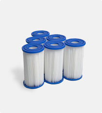 Six Filter Replacement for Residential Standard Systems - 6 Pack, featuring cylindrical white pleated filters with blue end caps, are arranged in two rows on a white background—perfect for cold plunge systems and easy filter changes.