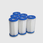 Six Filter Replacement for Residential Standard Systems - 6 Pack, featuring cylindrical white pleated filters with blue end caps, are arranged in two rows on a white background—perfect for cold plunge systems and easy filter changes.