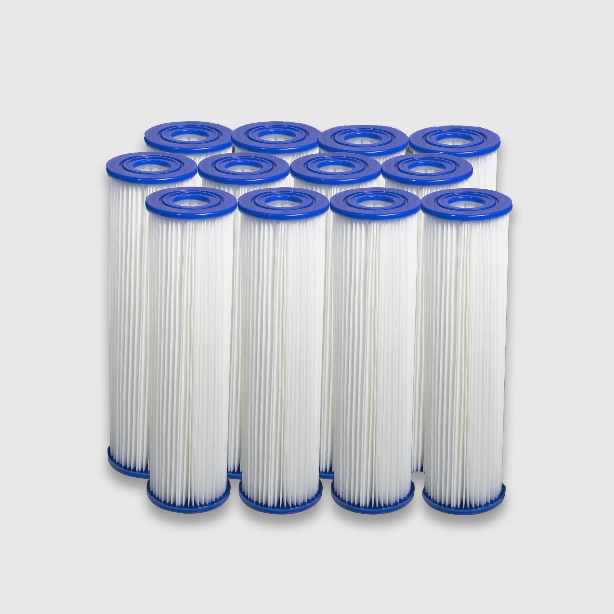 A set of twelve Filter Replacement for Residential Pro Systems cartridges, featuring blue end caps and white pleated surfaces, are grouped on a light gray background—designed for optimal cold plunge system performance.