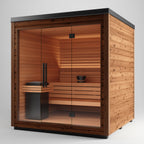 The Aura Auroom Sauna is a modern, freestanding outdoor sauna cabin with glass front doors, an interior bench, wooden paneling, a sauna heater for heat therapy, and a water bucket placed on the bench inside.