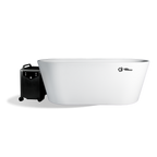 White freestanding ONE by Polar Monkeys cold plunge bathtub with an attached black portable chiller unit.