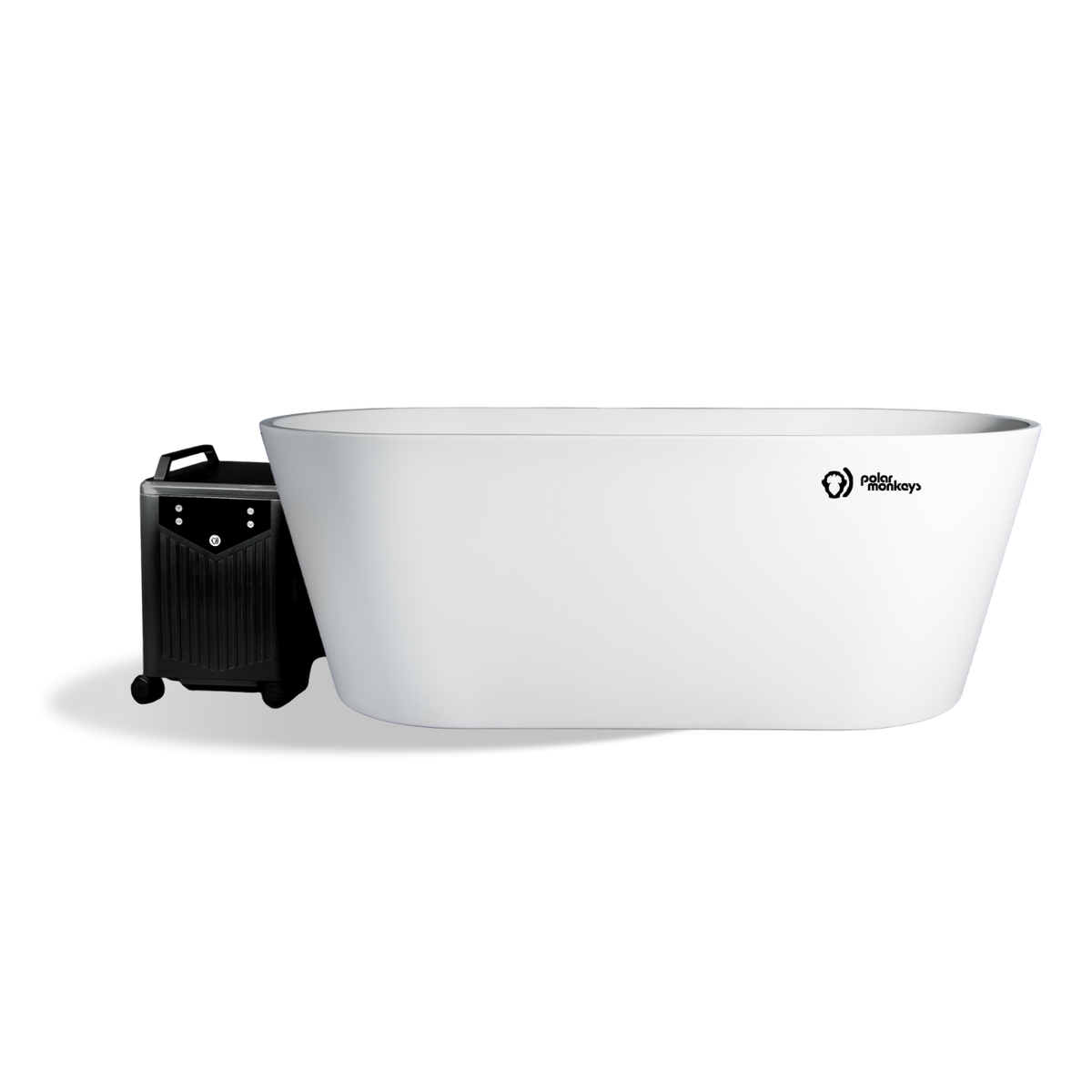 White freestanding ONE by Polar Monkeys cold plunge bathtub with an attached black portable chiller unit.