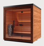 The Sauna + Cold Plunge Bundle features a wooden sauna with glass doors, interior benches, and a bucket on the seat—making it perfect for your home recovery setup. A heater with sauna stones is positioned to the left inside, while warm brown wood panels create an inviting space ideal for pairing sauna and cold plunge sessions or incorporating contrast therapy into your wellness routine.