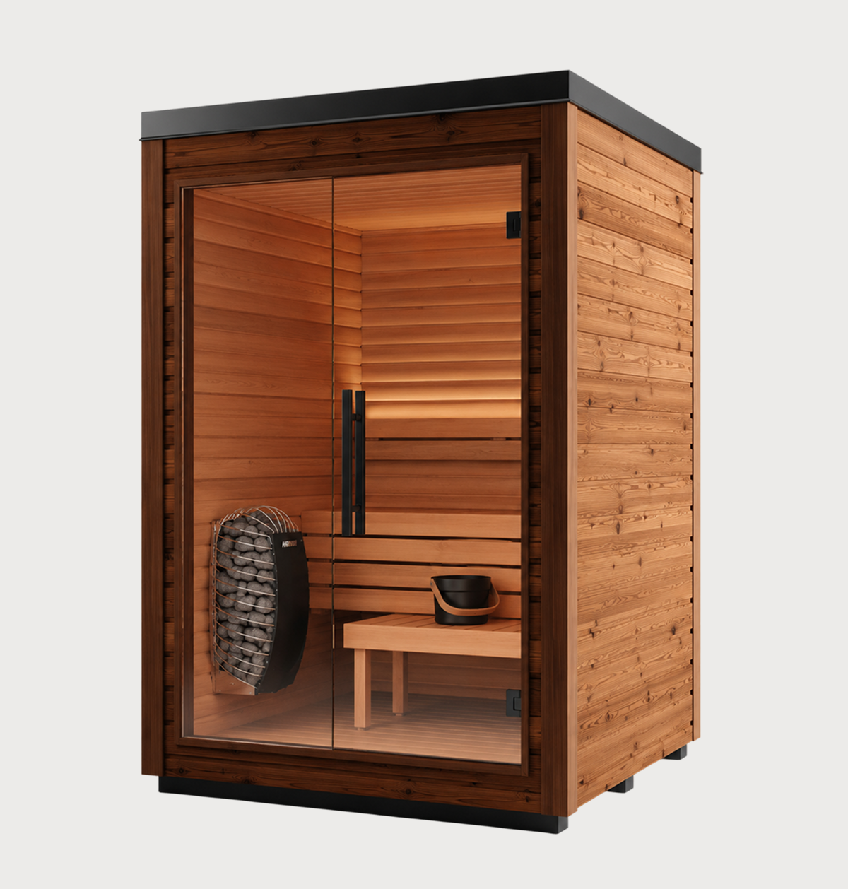 The Mira Natural Sauna is a compact, modern wooden indoor-outdoor sauna featuring a glass door, an interior wooden bench, a bucket with ladle, and a stone heater, displayed against a plain white background.