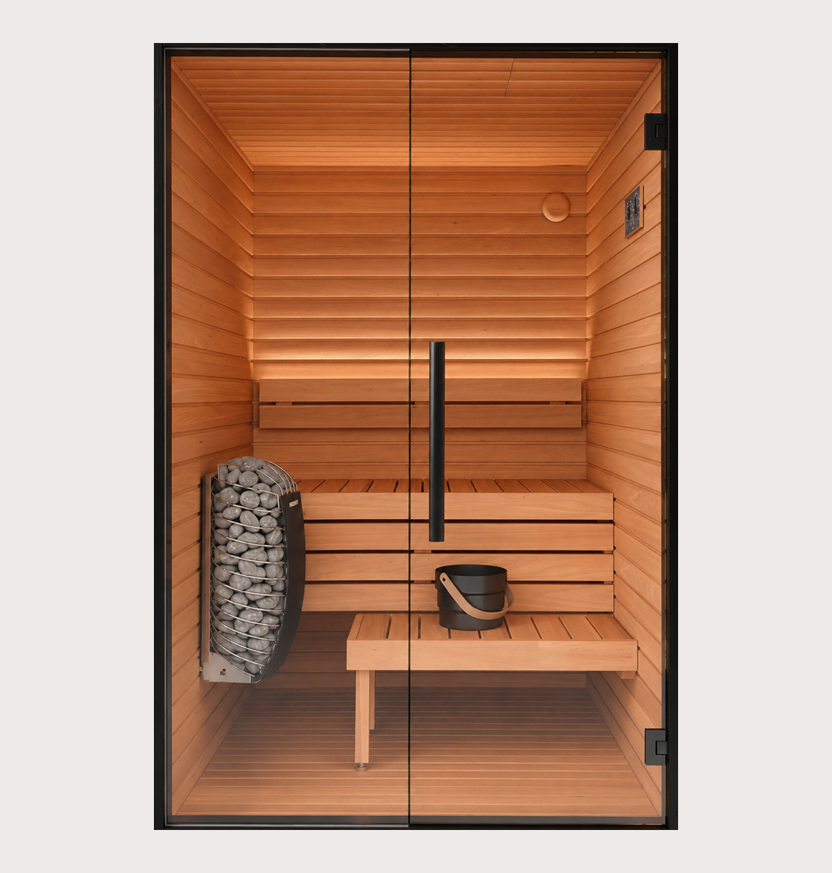 Experience the Mira Natural Sauna—a modern wooden sauna featuring glass doors, a comfortable wooden bench, a handy stool, a bucket with ladle set, and a heater filled with sauna stones on the left wall. This is an ideal retreat for those seeking relaxation and tranquility in a natural setting.