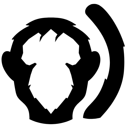 Black silhouette of a Polar Monkeys Special Gift monkey head with a curved tail on the right.