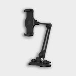 The Smart Device Holder is a black, adjustable, waterproof phone holder with a clamp mount, swiveling arm, and sturdy base—ideal for desks or flat surfaces—shown against a plain light gray background.