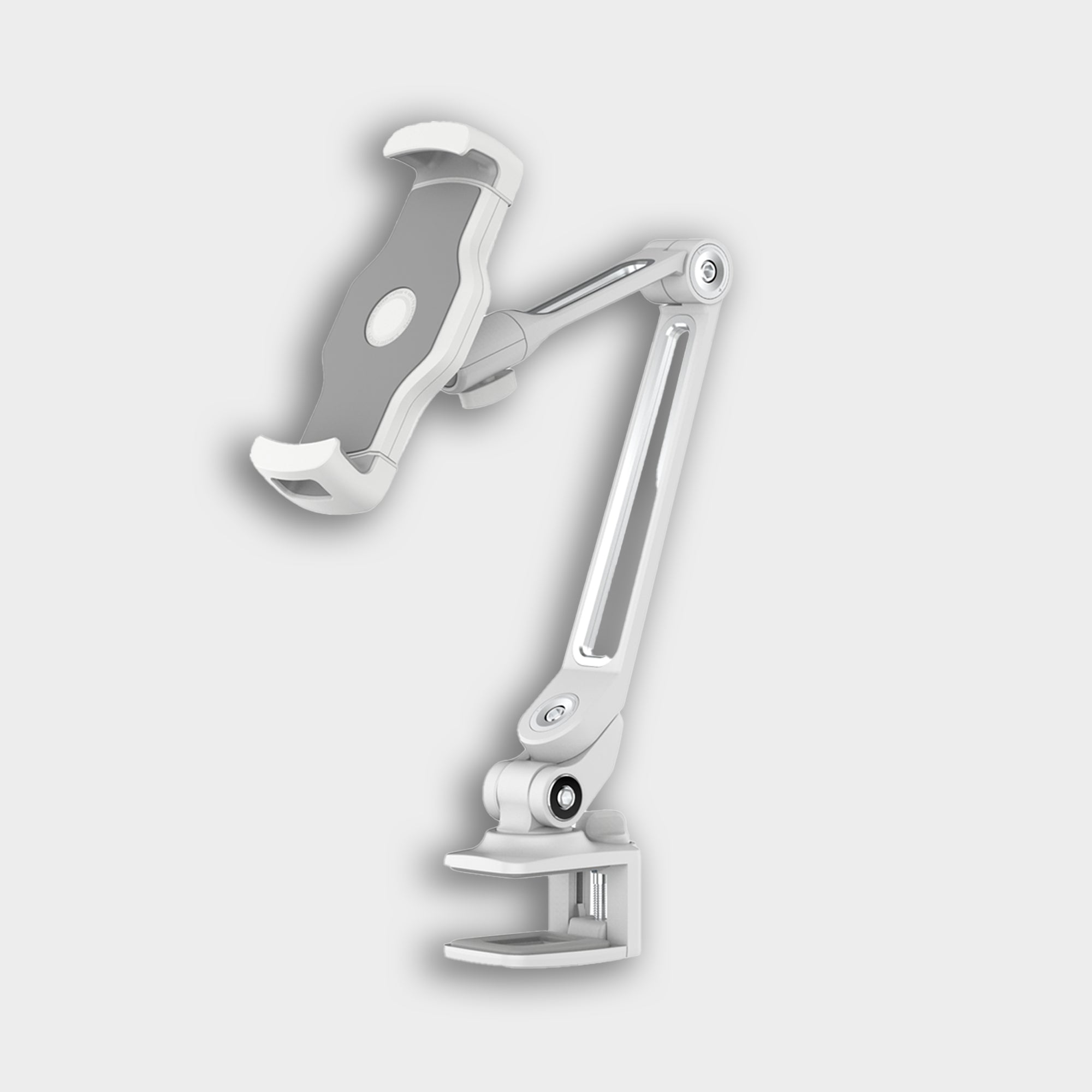 The Smart Device Holder is a white adjustable mechanical arm with a clamp base and holder, perfect as a waterproof phone holder during a cold plunge, shown against a light gray background.