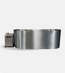 The Cyber Plunge Cold Plunge, a large oval tub made of 316 marine-grade stainless steel with an ultra-spacious interior, is displayed next to its portable chiller unit on wheels against a plain white background.