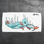 The PolarMonkeys Polar Monkeys Towel is a white towel with an illustrated blue monkey floating and splashing in water, water droplets around it, and the Polar Monkey logo at the top right. Super absorbent and quick-drying for everyday use.