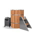 The Barrel wooden tub with metal bands, a set of metal steps, and a portable chiller unit designed for a small space.