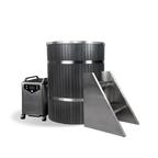 The Barrel cylindrical tub with a marine-grade stainless steel rimmed wooden exterior, accompanied by a small set of metal stairs and a portable water chiller unit on wheels.