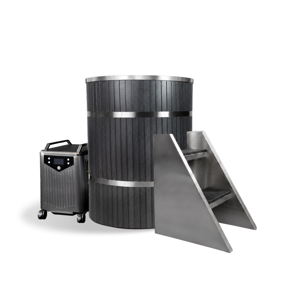 The Barrel cylindrical tub with a marine-grade stainless steel rimmed wooden exterior, accompanied by a small set of metal stairs and a portable water chiller unit on wheels.