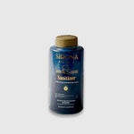 A blue bottle of Sirona Sanitizer with a gold cap, labeled chlorine-free and bromine-free, formulated for effective bacteria control and sanitizing spa and hot tub water.