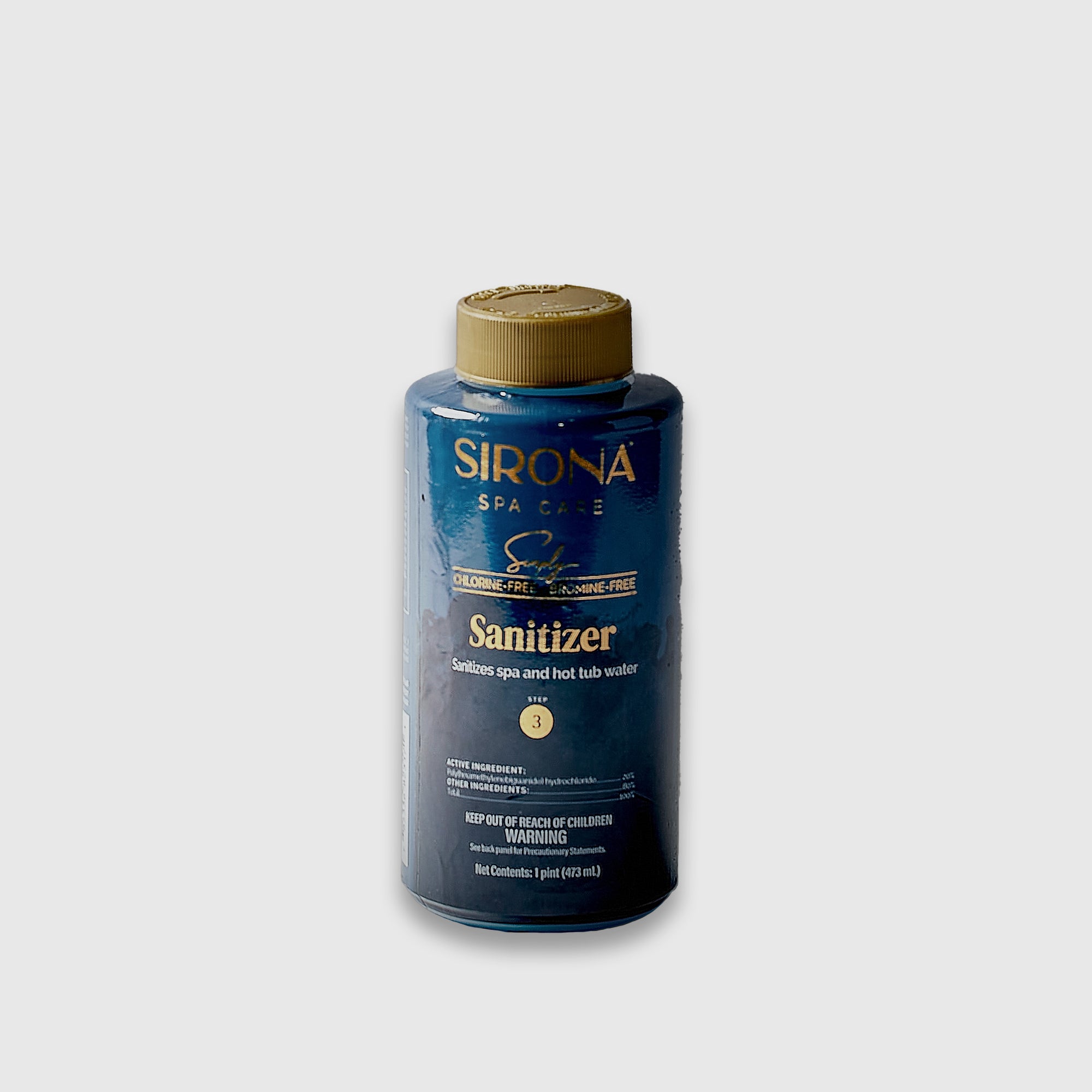 A blue bottle of Sirona Sanitizer with a gold cap, labeled chlorine-free and bromine-free, formulated for effective bacteria control and sanitizing spa and hot tub water.