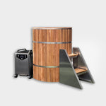 The Star Treatment 2.0 Cold Plunge is a cylindrical wooden tub with metal bands, an integrated seat, black wheeled control unit, and metal stairs—set on a plain white background, making it ideal for compact spaces.