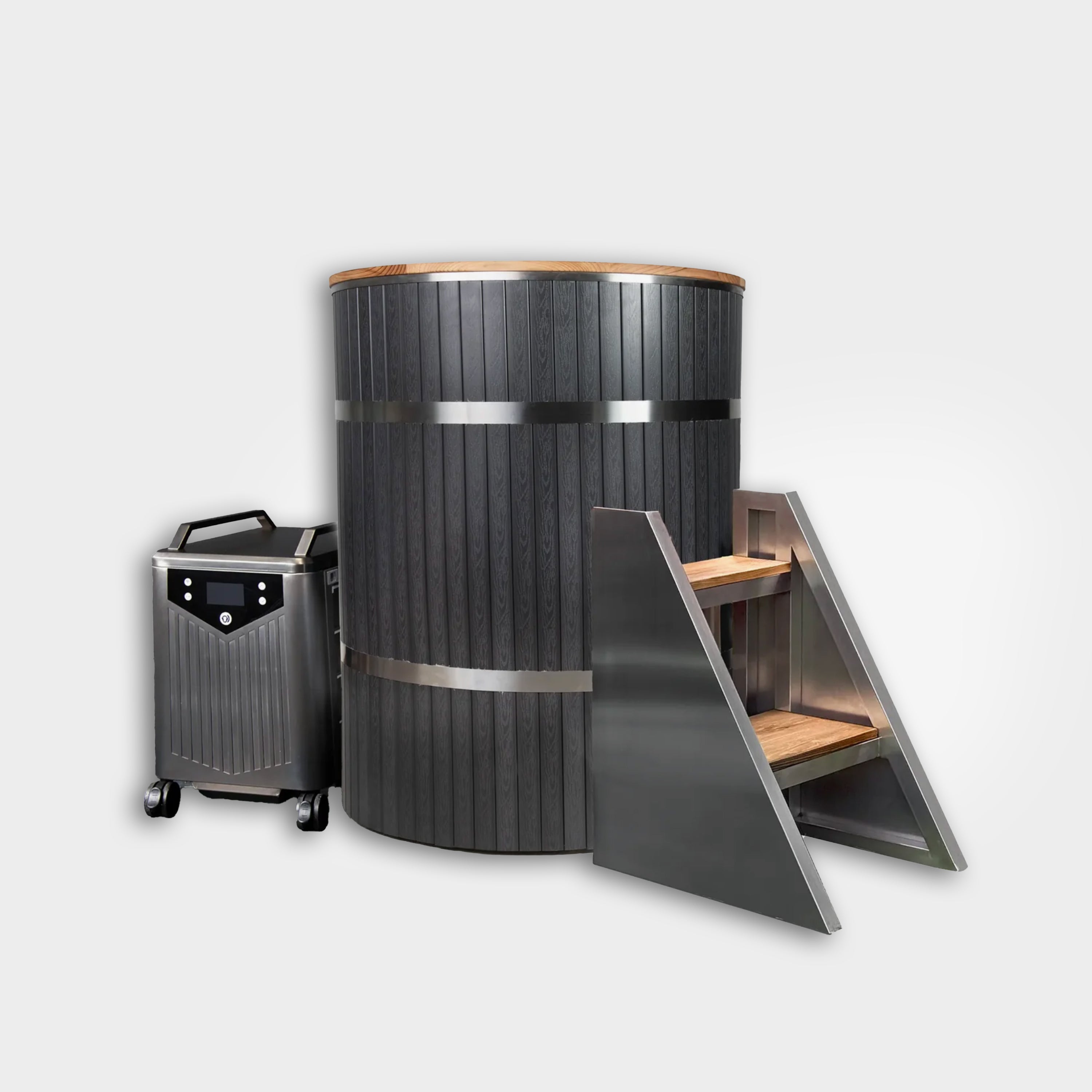 The Star Treatment 2.0 Cold Plunge is a modern cylindrical tub with an integrated seat, dark paneling, metal and wood steps, and a sleek portable chiller on wheels—all thoughtfully designed to fit compact spaces against a plain white background.