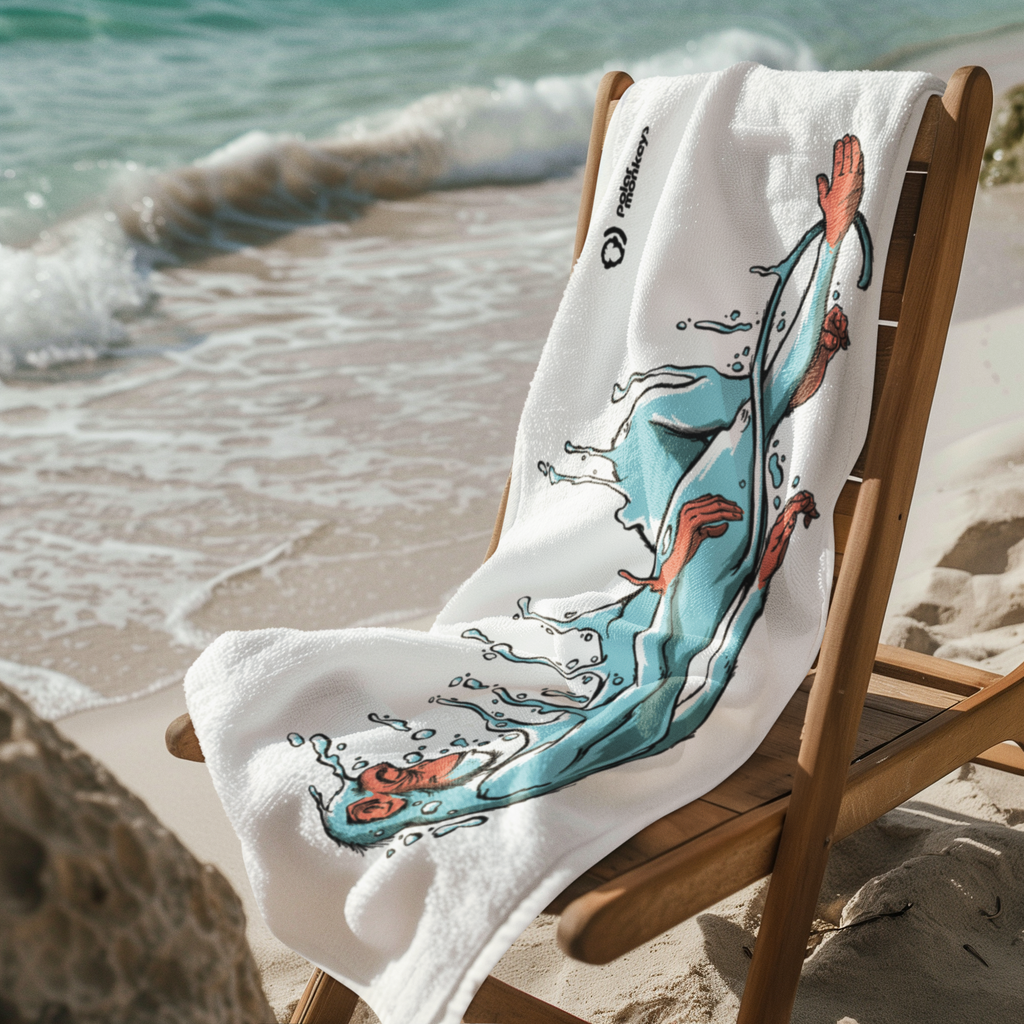 A PolarMonkeys Polar Monkeys Towel, featuring an abstract swimmer design, is draped over a wooden beach chair on sandy shore with waves washing up in the background. This towel is quick-drying and super absorbent.