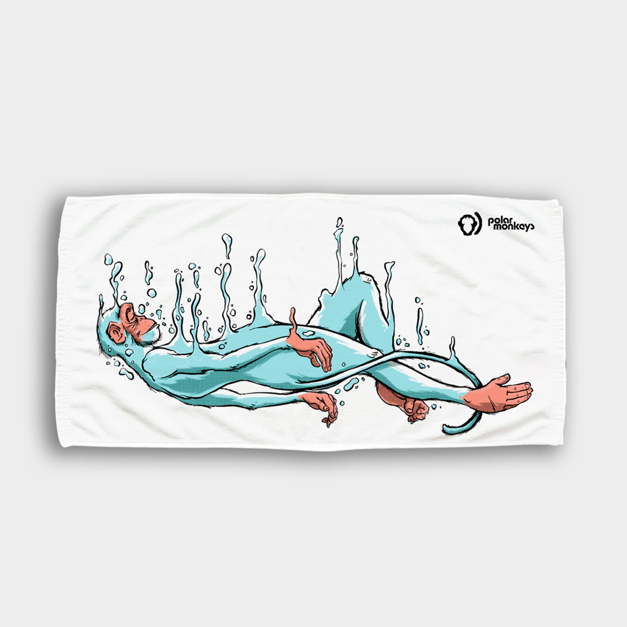 The Polar Monkeys Towel is super absorbent and showcases an illustrated blue monkey relaxing in water, with splashes around it and the Polar Monkeys logo in the top right corner.