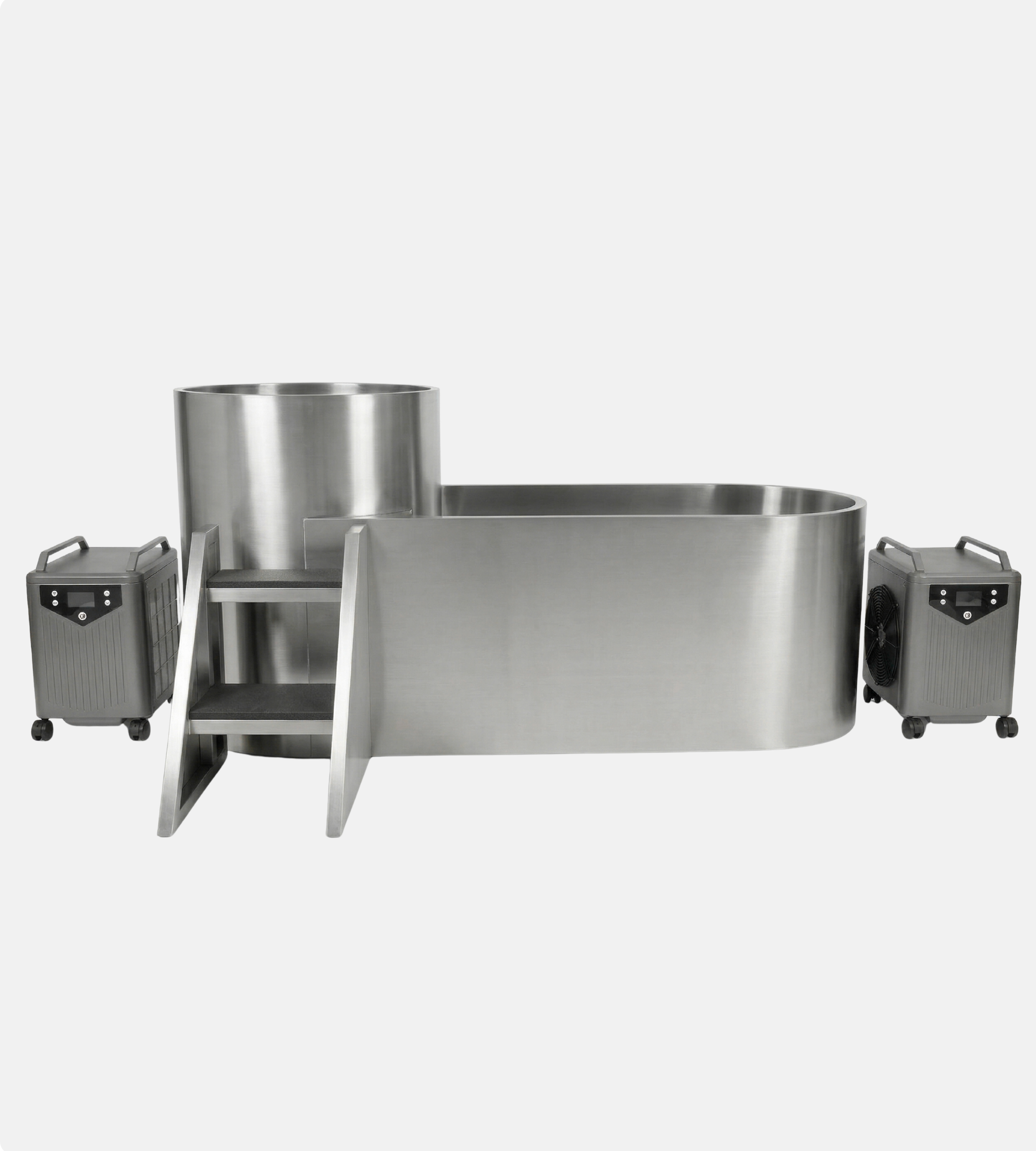 The Contrast Edition features a stainless steel cold plunge tub with attached steps, accompanied by two portable chiller units, all set against a plain light background—ideal for any contrast therapy setup.