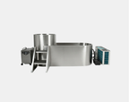 The Contrast Edition Commercial is a stainless steel cold plunge tub with attached steps, a cylindrical tank, and dual external control units for precise contrast therapy, providing dual temperature options. Shown on a plain white background.