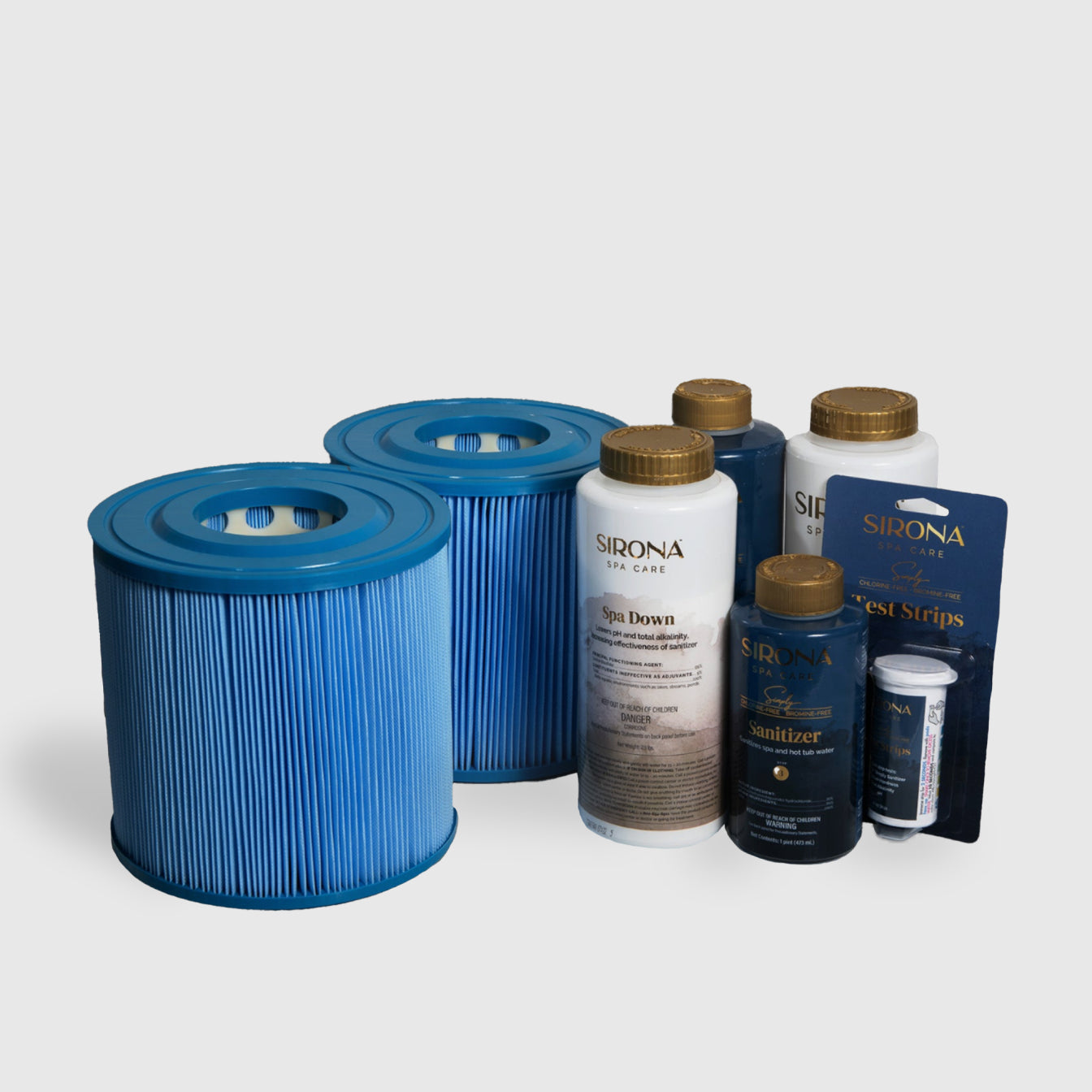 Two blue cold plunge filters are placed beside several Sirona spa care bottles from the 6 Month Care Kit—including chlorine free sanitizer, test strips, and Spa Down—displayed on a plain white background.