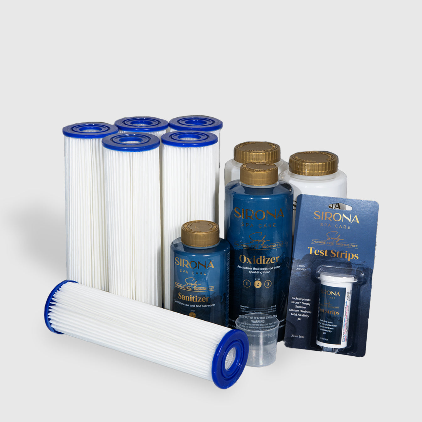 The 6 Month Care Kit includes cold plunge filters, two Oxidizer bottles, a chlorine-free sanitizer, a small container, and packaged test strips—everything you need for easy pool or spa maintenance.
