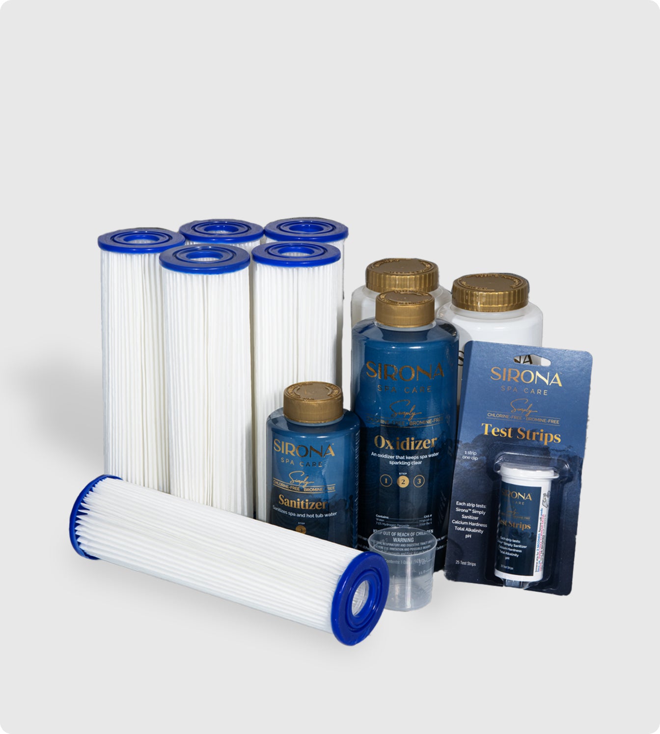 The 6 Month Care Kit includes cold plunge filters, two Oxidizer bottles, a chlorine-free sanitizer, a small container, and packaged test strips—everything you need for easy pool or spa maintenance.