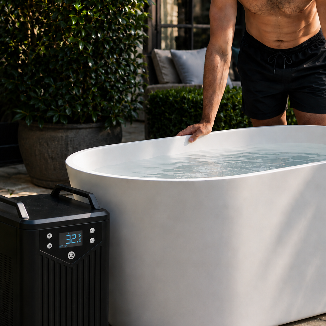 A person in black shorts tests the water in a modern white tub outdoors, accompanied by the ONE by Polar Monkeys portable cooling chiller displaying 3.2°C. Shrubs and potted plants surround the patio setting, creating an inviting atmosphere for a refreshing cold plunge.