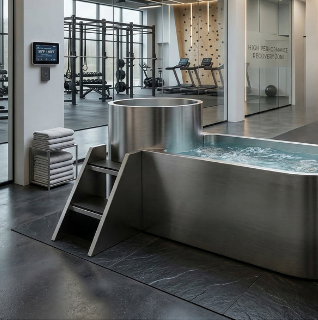 Experience a modern gym recovery zone with the Contrast Edition Commercial, a sleek stainless steel dual temperature hot and cold plunge pool, folded towels on a rack, and gym equipment visible through glass walls.