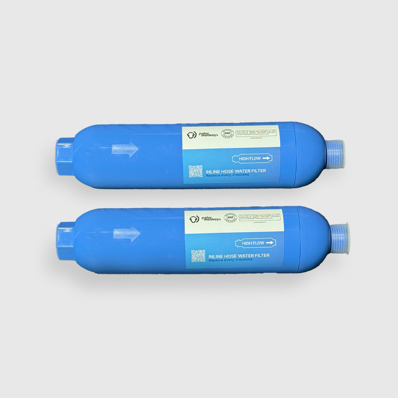 Two Hose Water Filter - 2 Pack units are positioned horizontally on a light gray background, each featuring labels, QR codes, and arrows for water flow direction. Perfect for cold plunge setups, delivering clean and refreshing results.