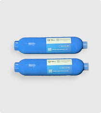 Two Hose Water Filter - 2 Pack units are positioned horizontally on a light gray background, each featuring labels, QR codes, and arrows for water flow direction. Perfect for cold plunge setups, delivering clean and refreshing results.