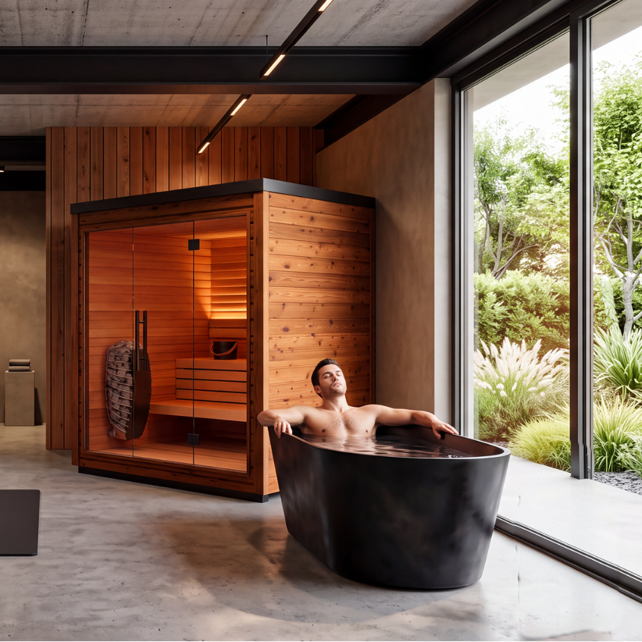 A person enjoys the ultimate home recovery setup for contrast therapy with the Sauna + Cold Plunge Bundle: a sleek black soaking tub is positioned beside a modern wooden sauna in a contemporary room featuring concrete floors and large windows overlooking lush greenery.