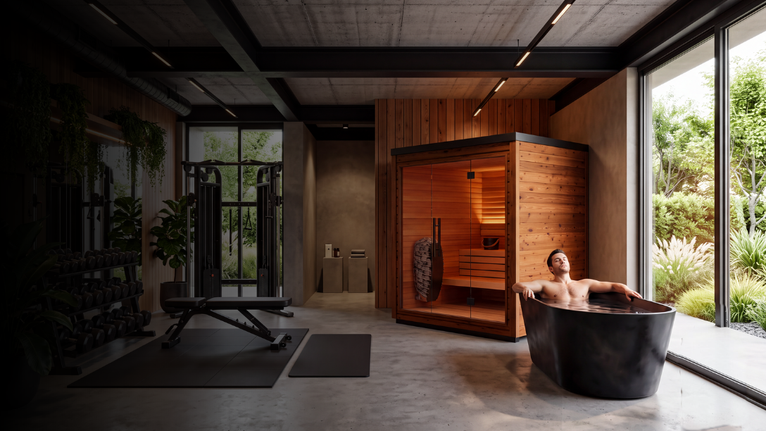 A man relaxes in a black stone tub next to a wooden sauna in a modern indoor wellness space with large windows and outdoor greenery.