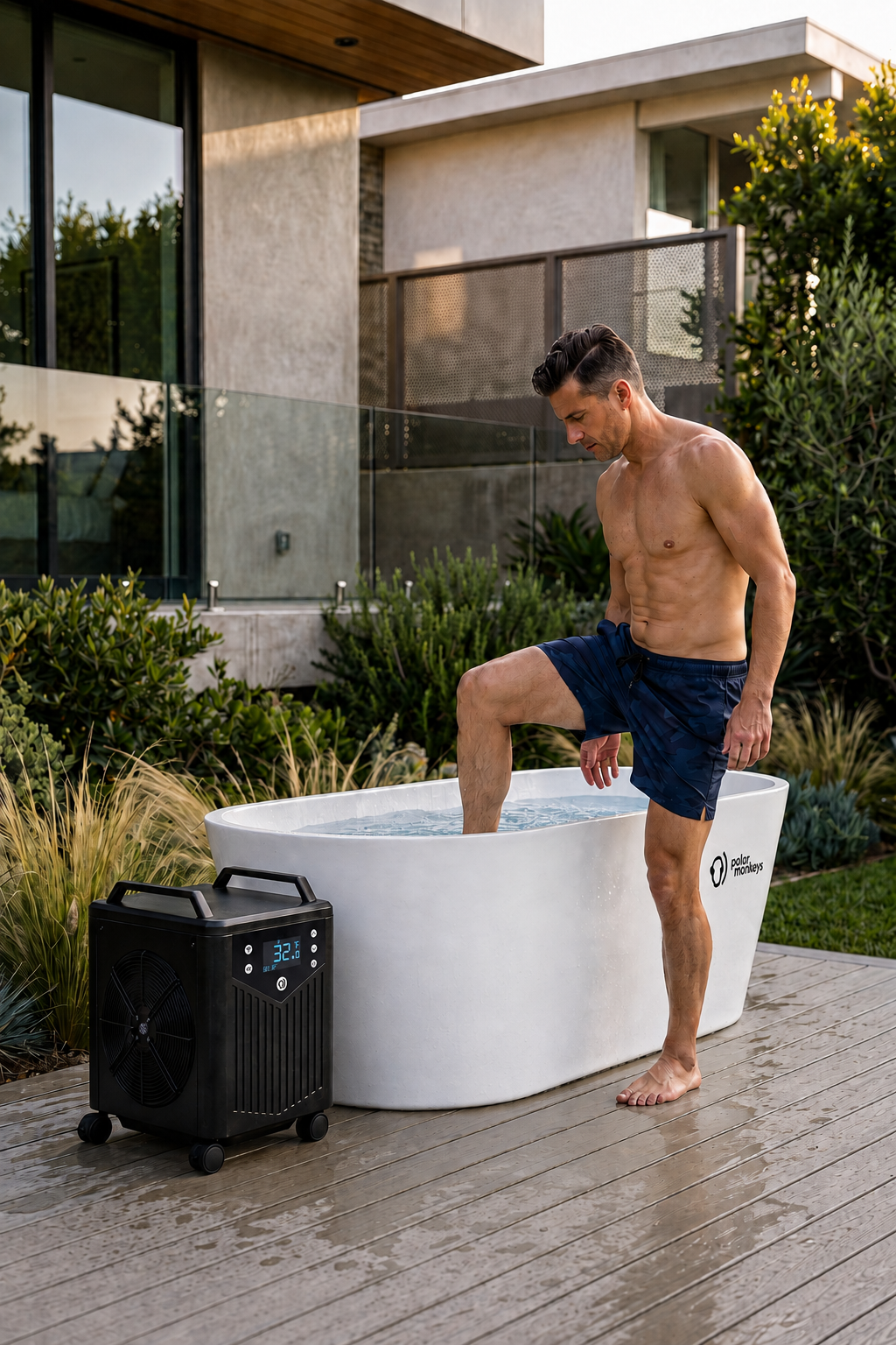 A man in navy shorts stands on a wooden deck, placing one leg into the ONE by Polar Monkeys white outdoor ice bath for a refreshing cold plunge. The black cooling chiller sits nearby, with a modern house and greenery visible in the background.