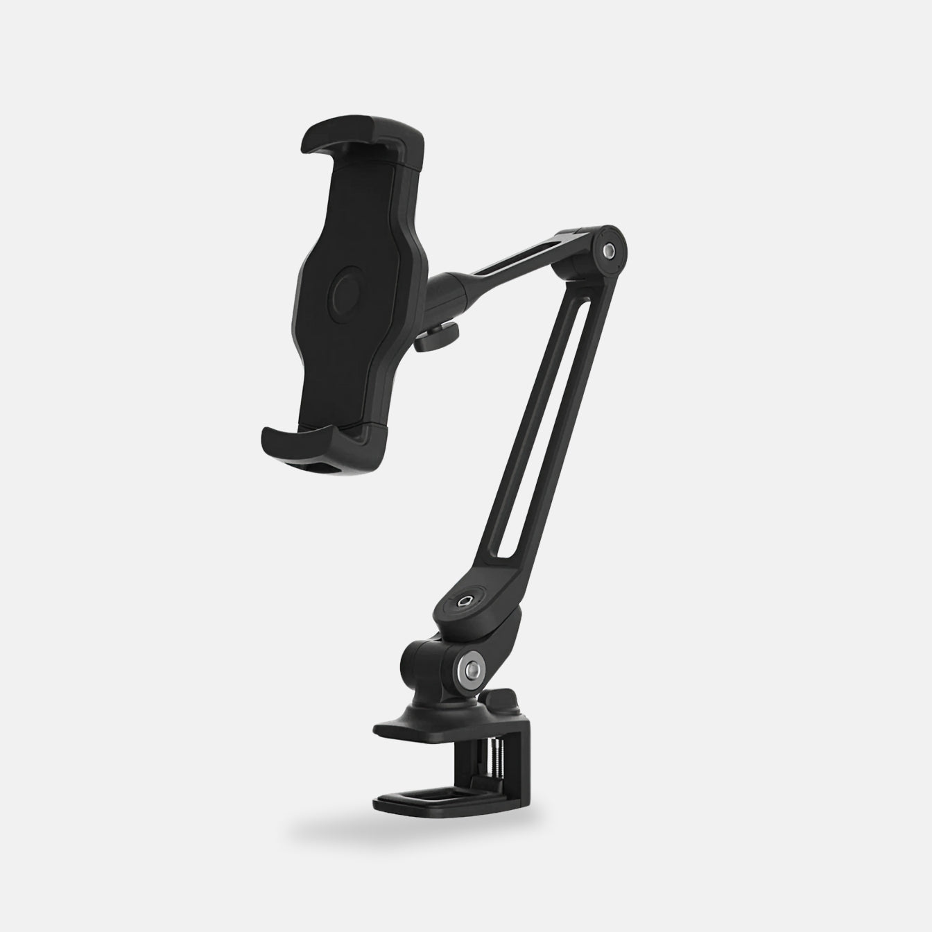 The Smart Device Holder is a black adjustable waterproof phone mount with a clamp base, extendable arm, and secure cradle, displayed against a plain light background.