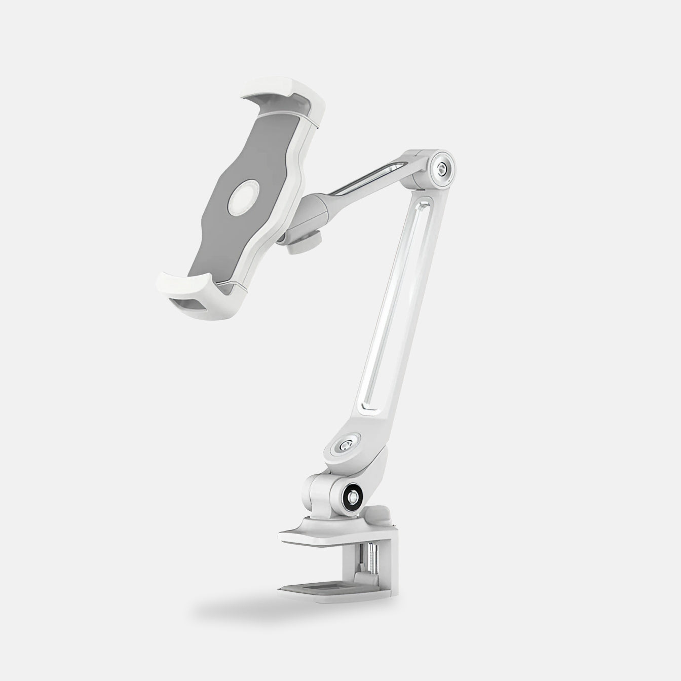 The Smart Device Holder is a white adjustable mechanical arm with a clamp base and holder, perfect as a waterproof phone holder during a cold plunge, shown against a light gray background.