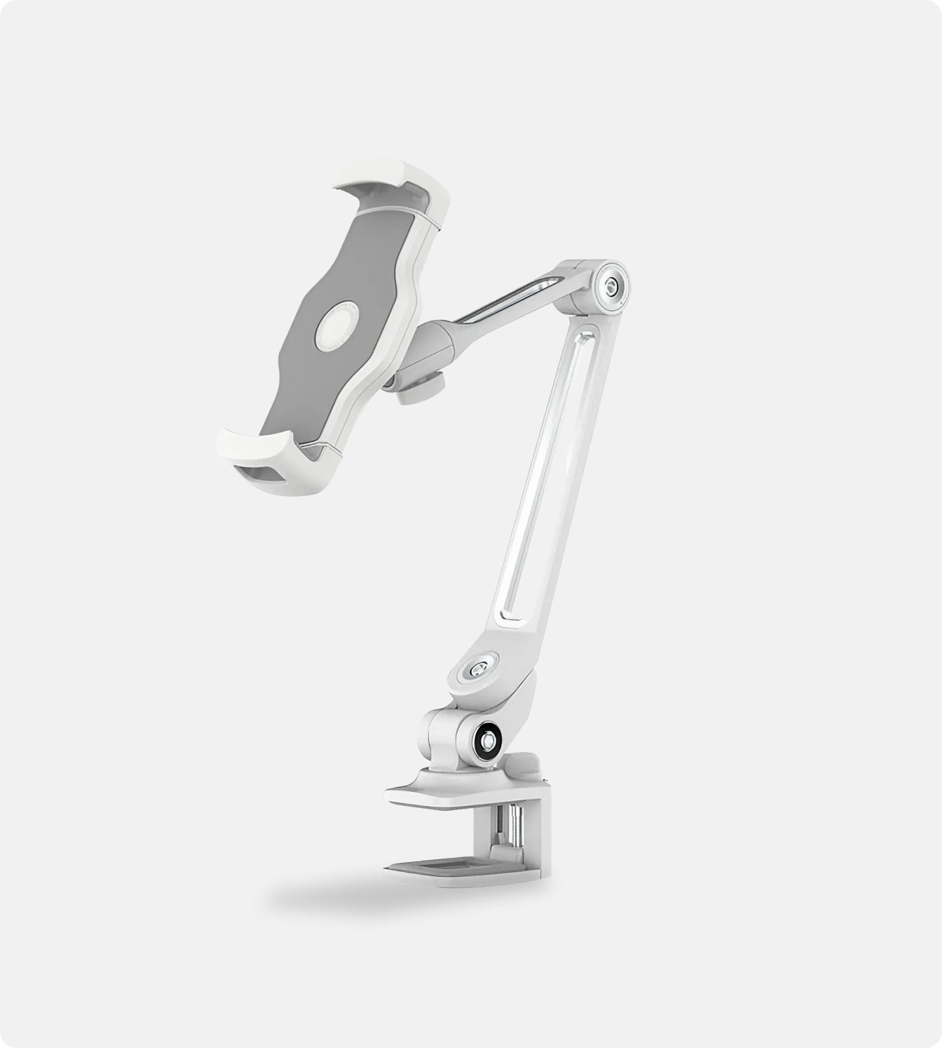 The Smart Device Holder is a white adjustable mechanical arm with a clamp base and holder, perfect as a waterproof phone holder during a cold plunge, shown against a light gray background.