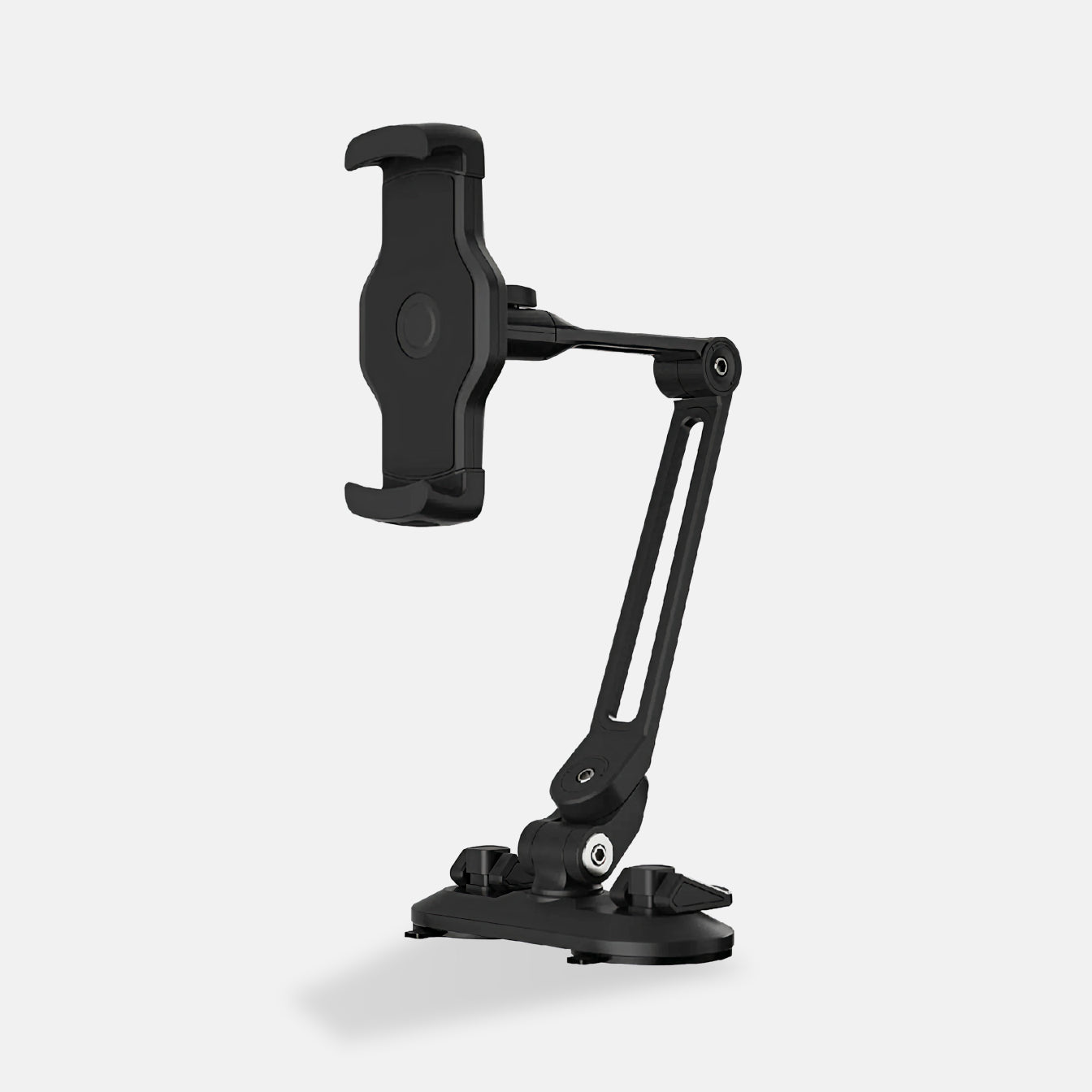 The Smart Device Holder is a black, adjustable, waterproof phone holder with a clamp mount, swiveling arm, and sturdy base—ideal for desks or flat surfaces—shown against a plain light gray background.