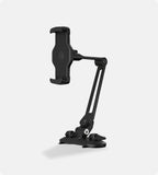 The Smart Device Holder is a black, adjustable, waterproof phone holder with a clamp mount, swiveling arm, and sturdy base—ideal for desks or flat surfaces—shown against a plain light gray background.