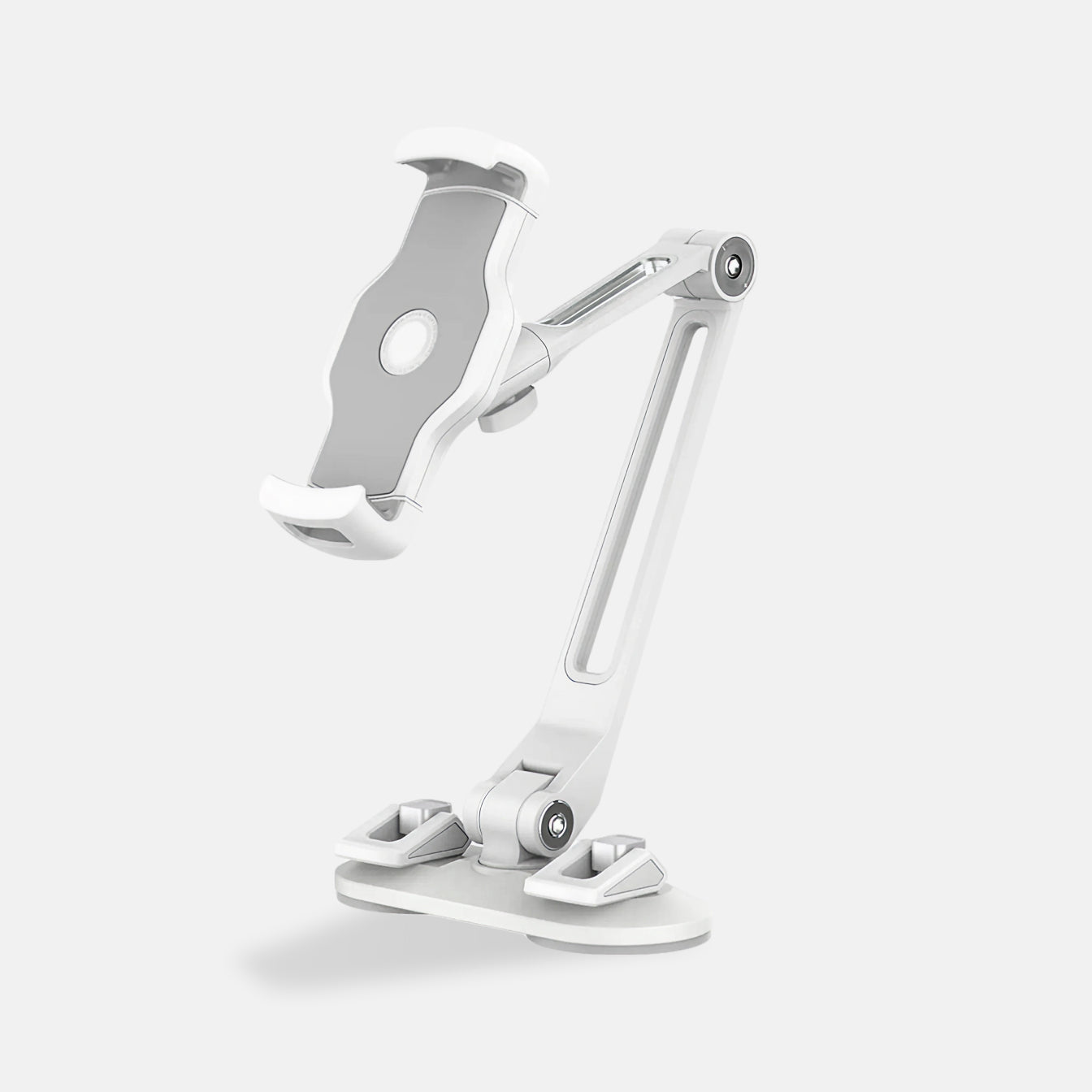 The Smart Device Holder is a white adjustable stand for tablets or phones, featuring suction cups, a sturdy base, articulated arm, and padded grip clamps. Displayed against a plain light gray background.